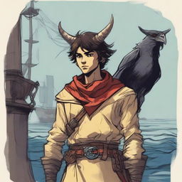 A young human seafarer in a Dungeons & Dragons setting, with a normal human face and a slim body