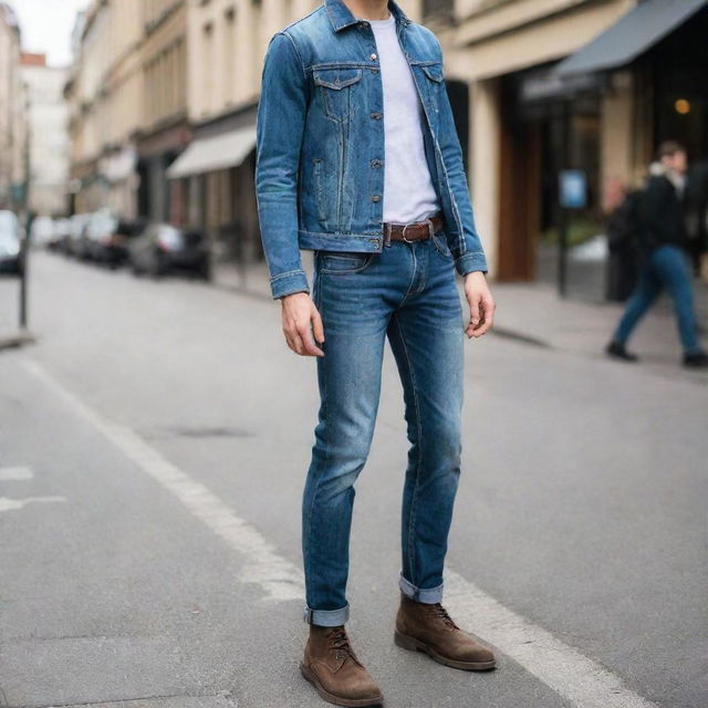 A fashionable individual on a city street, dressed in a trendy and stylish pair of jeans