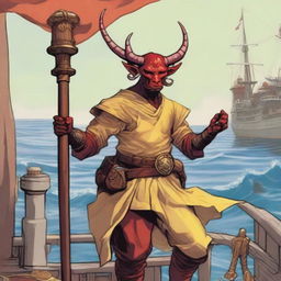 A young seafarer in a Dungeons & Dragons setting, with Oni horns that resemble an ox's and a slim body