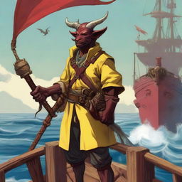 A young seafarer in a Dungeons & Dragons setting, with Oni horns that resemble an ox's and a slim body