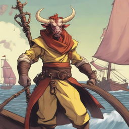 A young seafarer in a Dungeons & Dragons setting, with Oni horns that resemble an ox's and a slim body