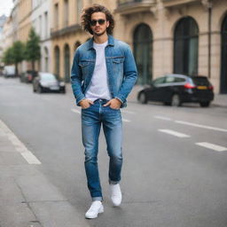 A fashionable individual on a city street, dressed in a trendy and stylish pair of jeans