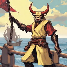 A young seafarer in a Dungeons & Dragons setting, with Oni horns that resemble an ox's and a slim body