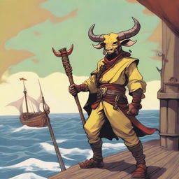 A young human seafarer in a Dungeons & Dragons setting, with Oni horns that resemble an ox's and a slim body