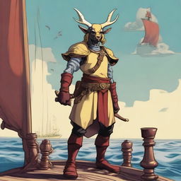 A young human seafarer in a Dungeons & Dragons setting, with Oni horns that resemble an ox's and a slim body