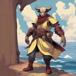 A young human seafarer in a Dungeons & Dragons setting, with Oni horns that resemble an ox's and a slim body