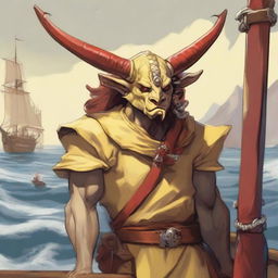 A young human seafarer in a Dungeons & Dragons setting, with Oni horns that resemble an ox's and a slim body