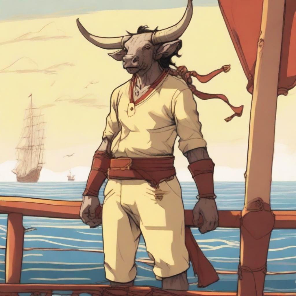 A young human seafarer with a slim body and Oni horns that resemble an ox's, colored in pale yellow and red