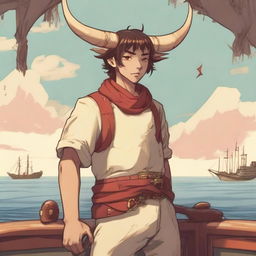 A young human seafarer with a slim body and Oni horns that resemble an ox's, colored in pale yellow and red