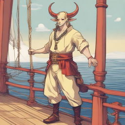 A young human seafarer with a slim body and Oni horns that resemble an ox's, colored in pale yellow and red