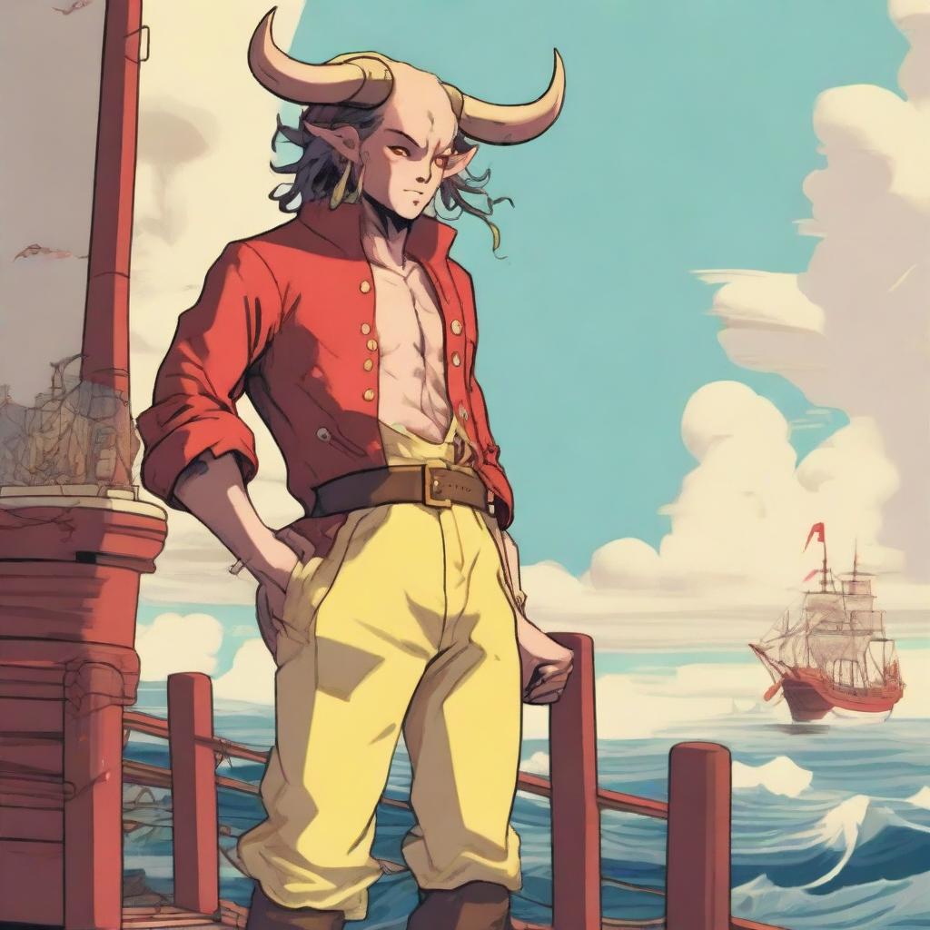 A young human seafarer with a slim body and Oni horns that resemble an ox's, colored in pale yellow and red