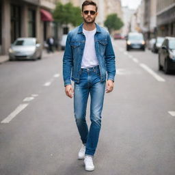 A fashionable individual on a city street, dressed in a trendy and stylish pair of jeans