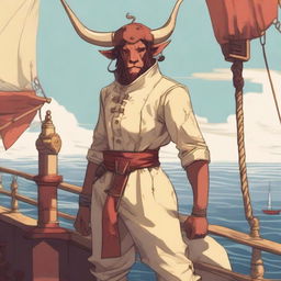 A young human seafarer with a slim body and Oni horns that resemble an ox's, colored in pale yellow and red