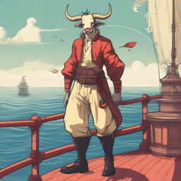 A young human seafarer with a slim body and Oni horns that resemble an ox's, colored in pale yellow and red