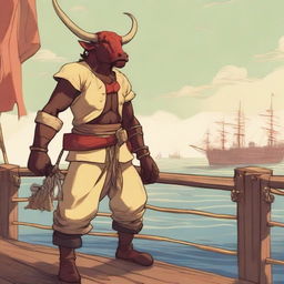 A young human seafarer with a slim body and Oni horns that resemble an ox's, colored in pale yellow and red