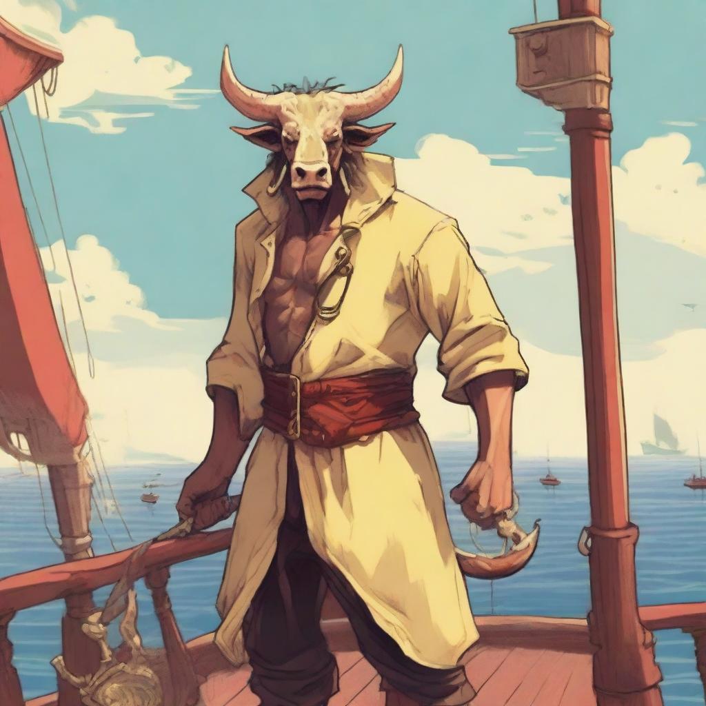 A young human seafarer with a slim body and Oni horns that resemble an ox's, colored in pale yellow and red