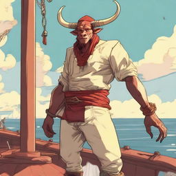 A young human seafarer with a slim body and Oni horns that resemble an ox's, colored in pale yellow and red