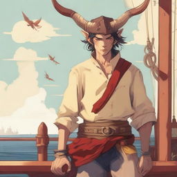 A young human seafarer with a slim body and Oni horns that resemble an ox's, colored in pale yellow and red