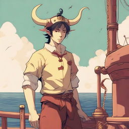 A young human seafarer with a slim body and Oni horns that resemble an ox's, colored in pale yellow and red