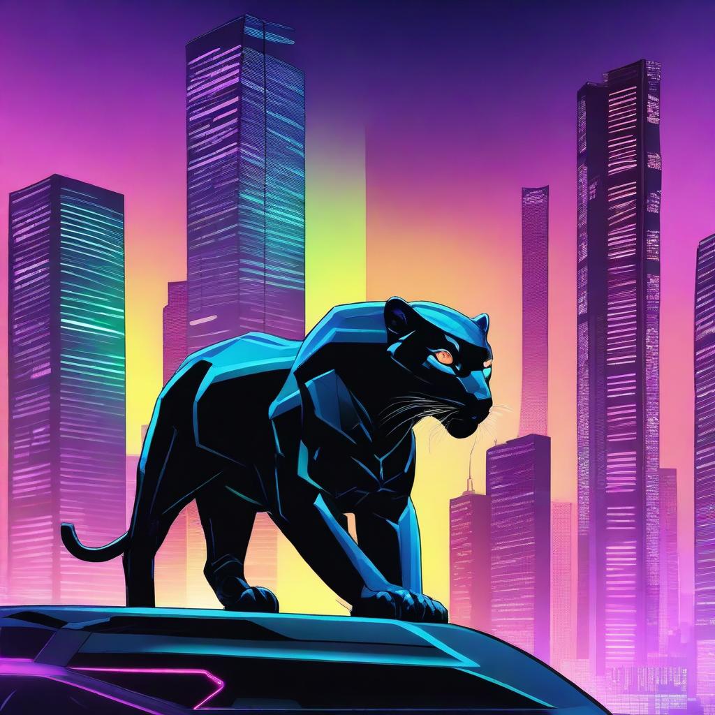 A black jaguar prowling through a futuristic city made of iron and steel