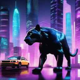 A black jaguar prowling through a futuristic city made of iron and steel