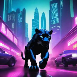 A black jaguar prowling through a futuristic city made of iron and steel