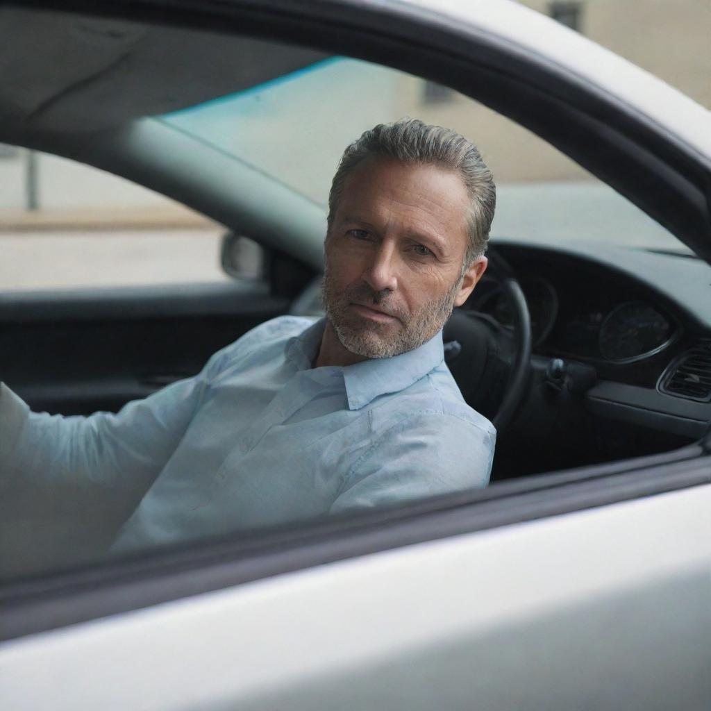 A man casually sitting in a sleek, modern car, seen through the open driver's window, with his hand resting on the steering wheel.