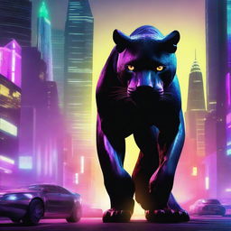 A black jaguar prowling through a futuristic city made of iron and steel