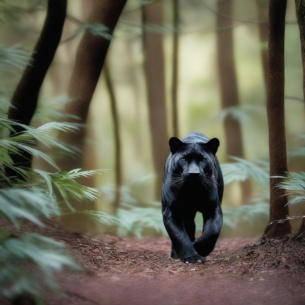 A majestic black jaguar moving stealthily through a dense iron forest