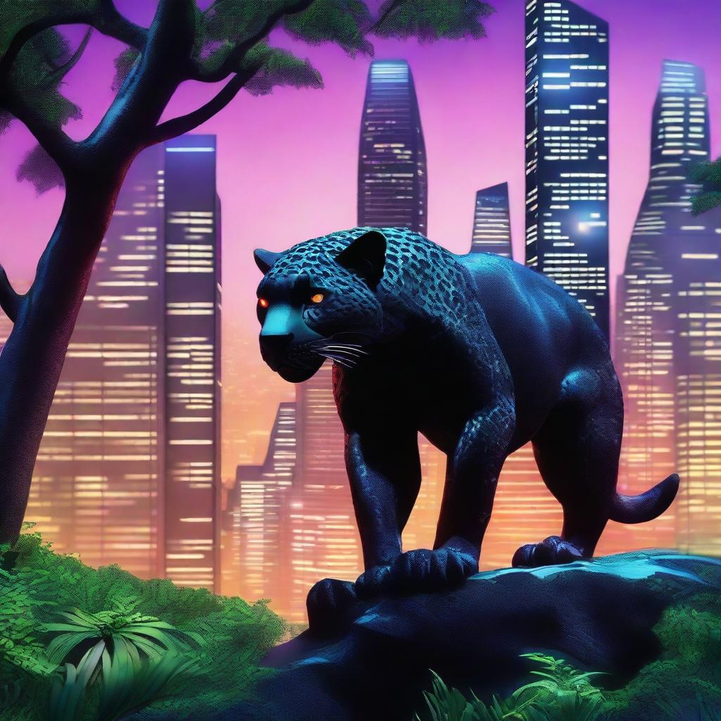 A black jaguar prowling through a unique environment where a dense iron forest meets a futuristic city