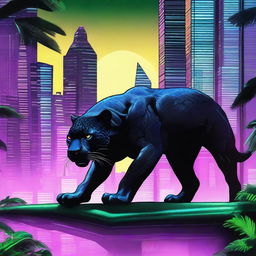 A black jaguar prowling through a unique environment where a dense iron forest meets a futuristic city