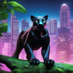 A black jaguar prowling through a unique environment where a dense iron forest meets a futuristic city