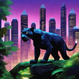 A black jaguar prowling through a unique environment where a dense iron forest meets a futuristic city