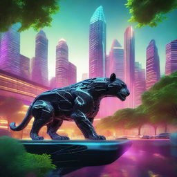 A jaguar made of iron prowling through a unique environment where a dense forest meets a futuristic city