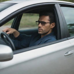 A man casually sitting in a sleek, modern car, seen through the open driver's window, with his hand resting on the steering wheel.