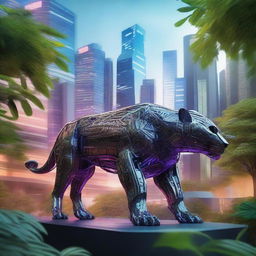 A jaguar made of iron prowling through a unique environment where a dense forest meets a futuristic city