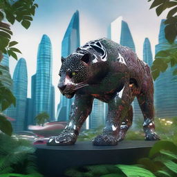 A jaguar made of iron prowling through a unique environment where a dense forest meets a futuristic city