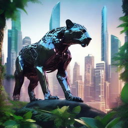 A jaguar made of iron prowling through a unique environment where a dense forest meets a futuristic city