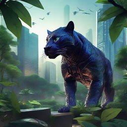 An iron jaguar prowling through a dense forest within a futuristic biopark inspired by the Pantanal