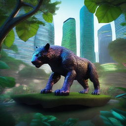 An iron jaguar prowling through a dense forest within a futuristic biopark inspired by the Pantanal