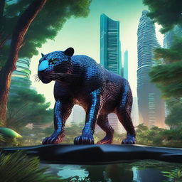 An iron jaguar prowling through a dense forest within a futuristic biopark inspired by the Pantanal