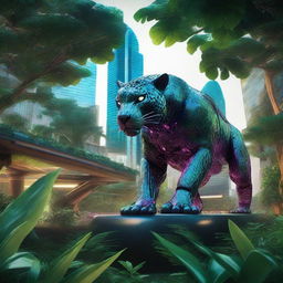 An iron jaguar prowling through a dense forest within a futuristic biopark inspired by the Pantanal