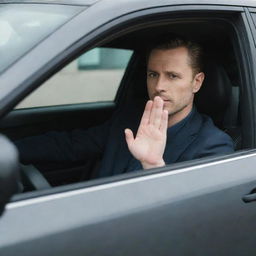 A man casually sitting in a sleek, modern car, seen through the open driver's window, with his hand resting on the steering wheel.