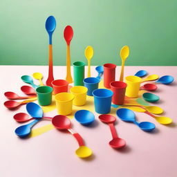 A playful scene featuring a table set up for games involving plastic spoons