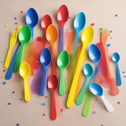 A playful scene featuring a table set up for games involving plastic spoons and forks