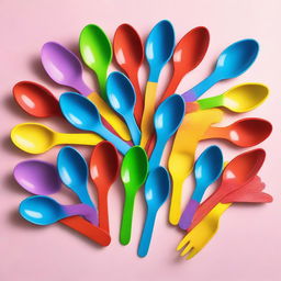 A playful scene featuring a table set up for games involving plastic spoons and forks