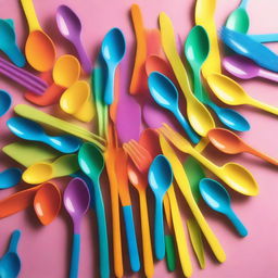 A playful scene featuring a table set up for games involving plastic spoons and forks