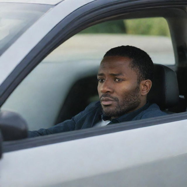 A man casually sitting in a sleek, modern car, seen through the open driver's window, with his hand resting on the steering wheel.