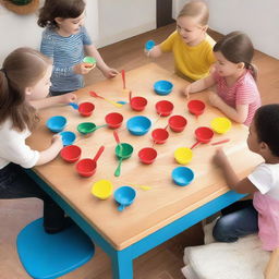 A playful scene featuring a group of children gathered around a table set up for games involving plastic spoons and forks