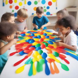 A playful scene featuring a group of children gathered around a table set up for games involving plastic spoons and forks